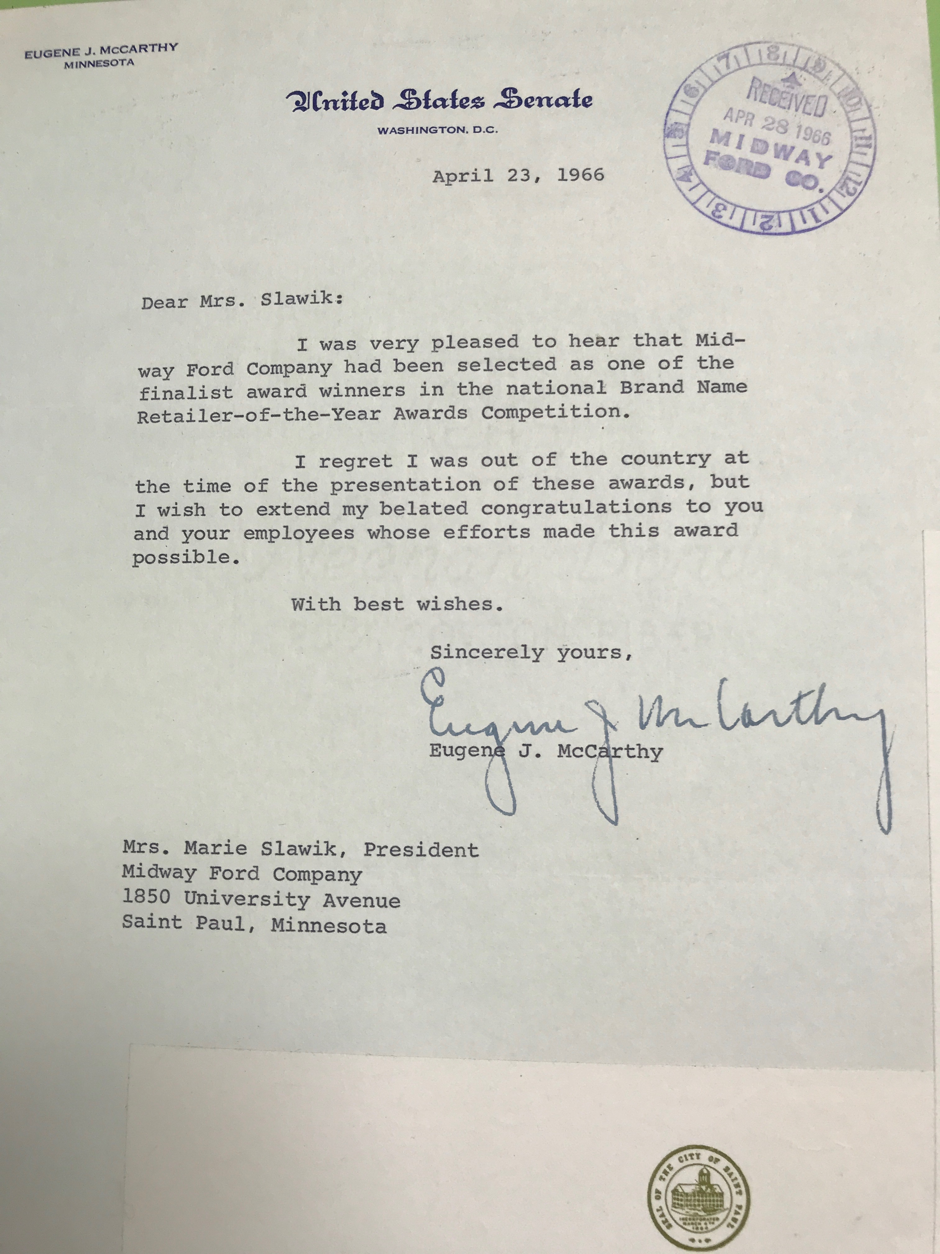 Letter from Eugene McCarthy