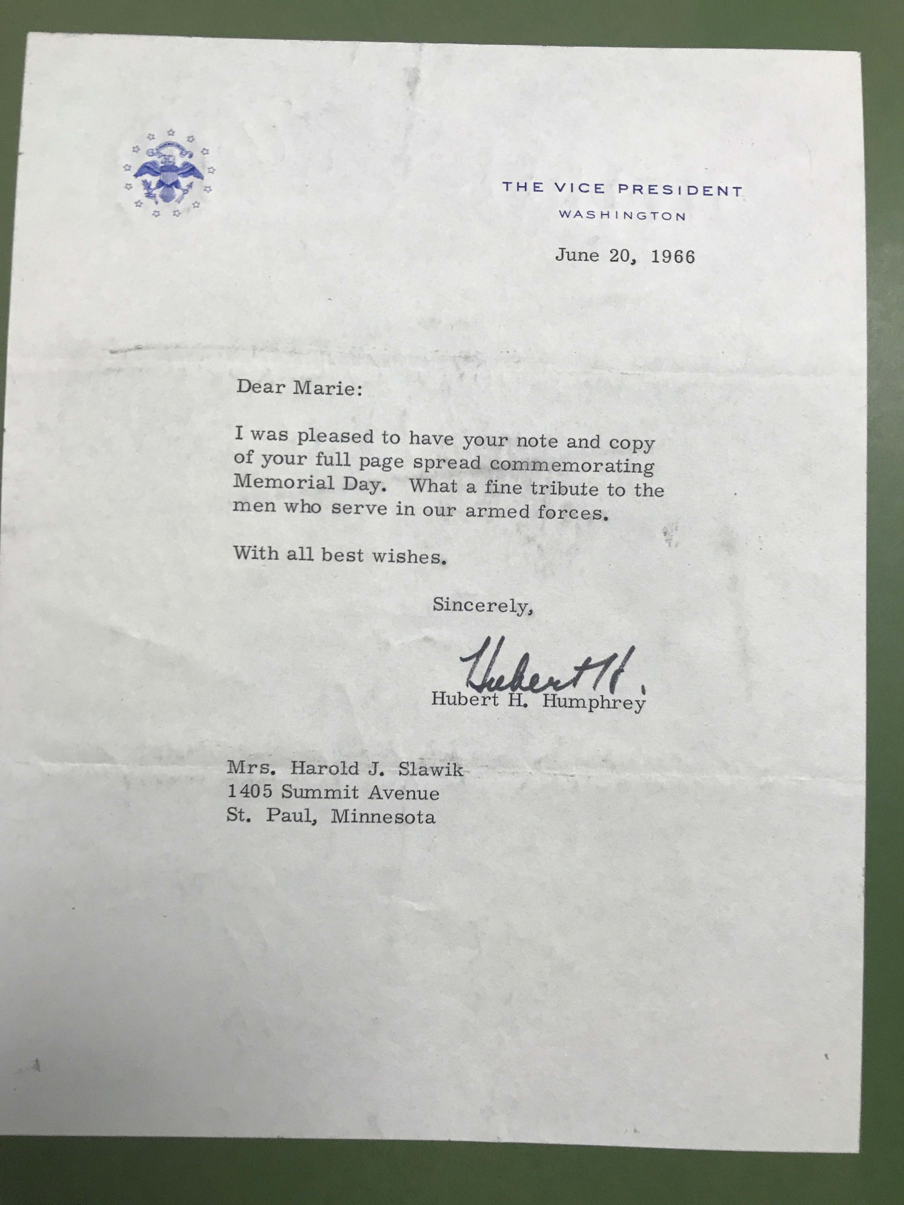 Letter from Hubert H. Humphrey